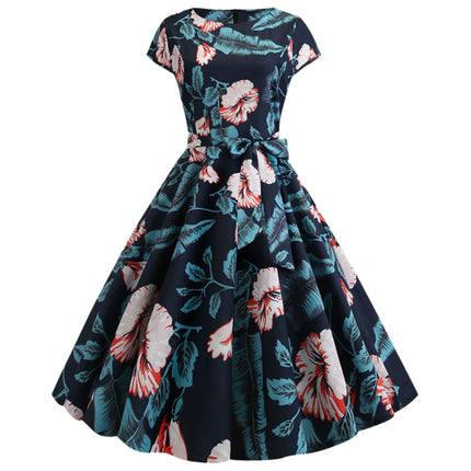 Women Summer Dress Floral Print Vintage 1950s 60s Rockabilly Party Dresses Retro Chic Short Sleeve Bow Belt A Line Vestido Mujer