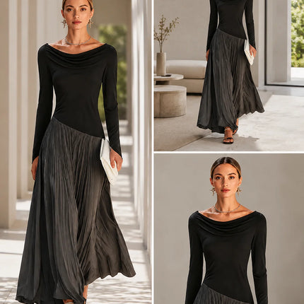 Women Draped Cowl Neck Long Sleeve Maxi Dress Asymmetrical Spliced Pleated Flowy Long Dress Elegant Cocktail Wedding Guest Formal Party Evening Dresses