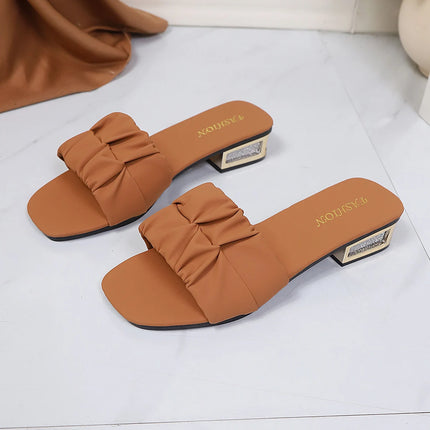 Hot Sale Ruched Strap Slide Sandals Women Rhinestone Inlay Low Block Heel Square Open Toe Casual Beach Vacation Mules 6 Colors