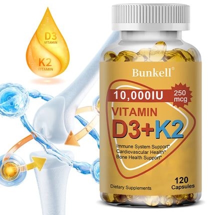 Bunkell Vitamin D3 + K2 with Coconut MCT Oil, Vegan D3 10000 IU with K2 200 Mcg for Bone & Immune Health, Non-GMO, Gluten-Free
