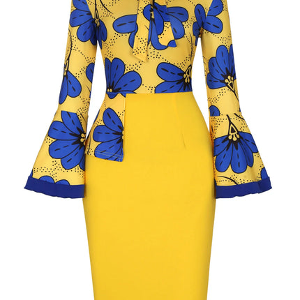 Women Long Sleeves Ethnic Floral Print Round Neck Autumn Knee Length Bodycon Dress Fashion Casual Commuter Party Pencil Dress