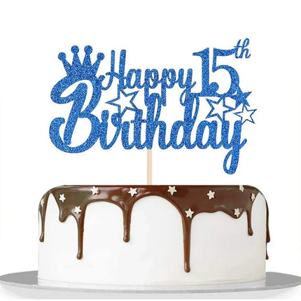 Royal Blue Glitter Paper Happy 10th 15th 18th Birthday Cake Topper for Men Boy 20th 40th 70th Birthday Party Cake Decorations