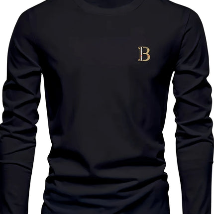 Men's 100% pure cotton loose and fashionable letter pattern printed sports and leisure round neck long sleeved T-shirt