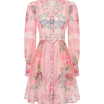 Pink Floral Shirt Dress Women Long Sleeve Lapel Belted Mini Dress Elegant Spring Summer Party Office Lady Co-ord Outfit