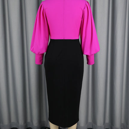 Women Elegant Church Dresses Mock Neck Long Lantern Sleeves Buttom Up ColorBlock Package Hip Party Office Ladies Business Wear
