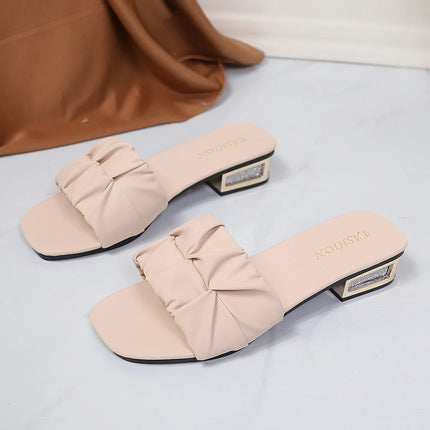 Hot Sale Ruched Strap Slide Sandals Women Rhinestone Inlay Low Block Heel Square Open Toe Casual Beach Vacation Mules 6 Colors