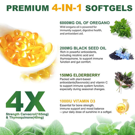 Oregano Oil + With Black Seed Oil & Elderberry + Vitamin D3, Supports Antioxidant & Skin Health, Antibacterial & Immune System