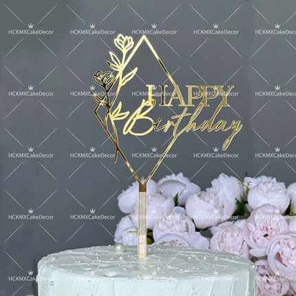 3PCS Gold Acrylic Happy Birthday Cake Topper with Line Art Flower Elegant Floral Cake Decoration for Birthday Party