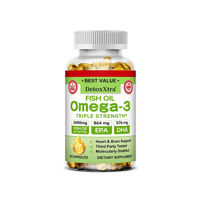Triple Strength Omega 3 Fish Oil 2400mg, EPA & DHA, Cognitive, Brain, Heart, Eye, Joint, Skin, Focus & Clarity Health, Non-GMO