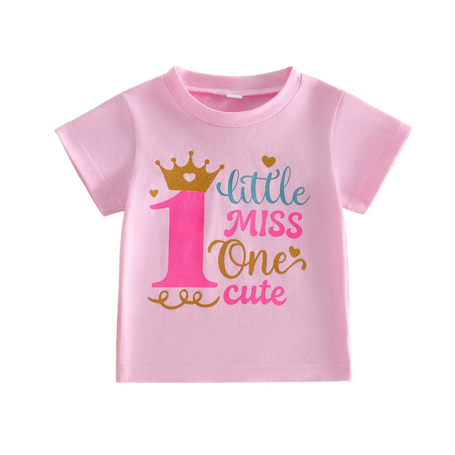 Toddler Baby Girls 1st Birthday T-shirts Summer Short Sleeve Crew Neck Letters Crown Print Casual Tee Tops
