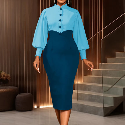 Women Elegant Church Dresses Mock Neck Long Lantern Sleeves Buttom Up ColorBlock Package Hip Party Office Ladies Business Wear