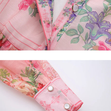 Pink Floral Shirt Dress Women Long Sleeve Lapel Belted Mini Dress Elegant Spring Summer Party Office Lady Co-ord Outfit