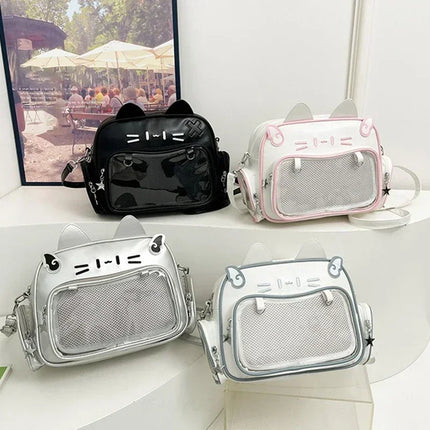 Women's Fashion Backpacks Y2K Style Japan Kawaii Cat Ita Bag PU Cute Girls Transparent Pocket Aesthetic Shoulder Crossbody Bags