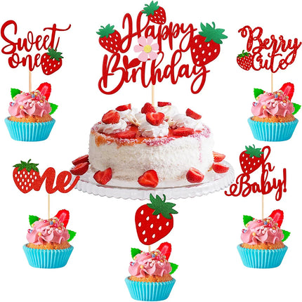 Strawberry Cake Topper Flags Happy Birthday Decoration Cupcake Toppers Kids 1st Birthday Party Baby Shower Cake Baking Decor