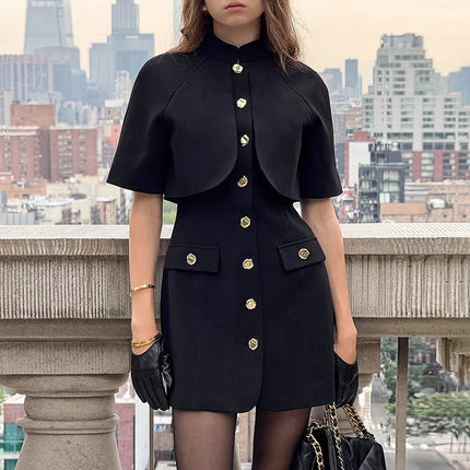 Typhaland Elegant Commuting Buttons Dress With Shawl  Slim Short Sleeve Black Mini Dress 2026 Sping Summer Chic Dress High Waist
