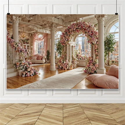 European Castle Window Wedding Backdrop Elegant Pink Rose Floral Arched Wall Photography Background for Birthday Party Decor