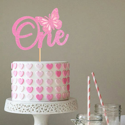 One With Butterfly Cake Topper Bowtie Happy Birthday Anniversary Kids Adult Pink Cupcake Baking Decor Party Flag One Year Old