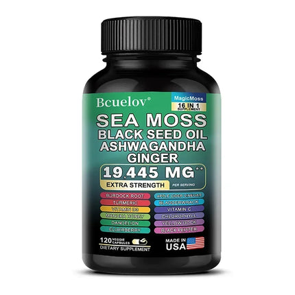 Sea Moss Capsules with Black Seed Oil Ashwagandha Turmeric Complex, Energy Immune Digestive Skin & Stress Relief Support