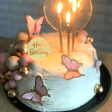 DIY Stamping Gold Pink Butterfly Cake Toppers Happy Birthday Cake Decoration Wedding Party Decor Shower Dessert Baking Supplies