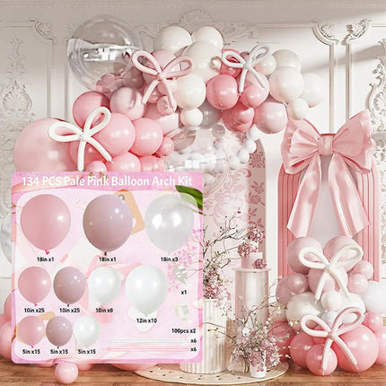 128-Piece Pink Balloon Arch Kit: Includes 18-inch pink and white balloons and bow-shaped balloons; a DIY decoration set perfect for birthday parties, Valentine's Day, graduations, pre-wedding parties, and photo backdrops.