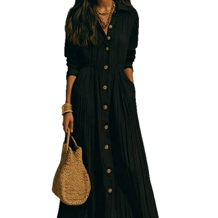 Women Crinkle Solid Maxi Dress Lapel Collar Button Cardigan Long Sleeve Pocket Flowy Dress Fall Beach Travel Casual A-Line Dress