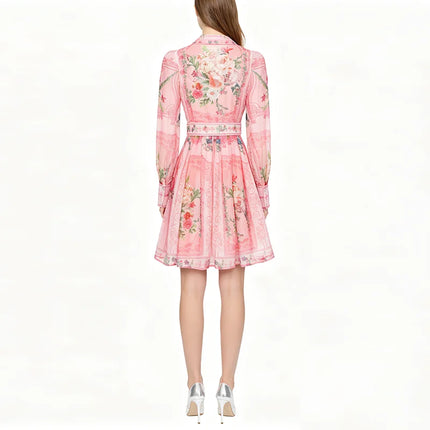 Pink Floral Shirt Dress Women Long Sleeve Lapel Belted Mini Dress Elegant Spring Summer Party Office Lady Co-ord Outfit