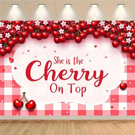 Checkered Cherry Butterfly Bow Theme Banner Background, Children's Birthday Party, Room Decoration Photography Background Cloth