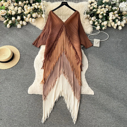 Miyake Tassel Patchwok Color Block Dress for Women Pleated Batwing Sleeve Mid-calf Dresses Fashion Female 2025 Summer