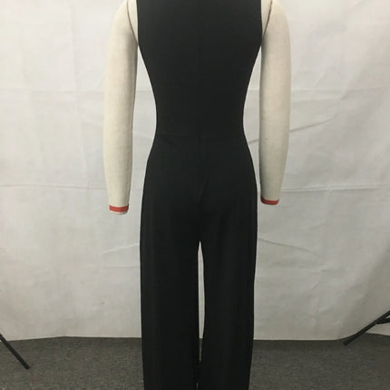 Mandylandy Wide Leg Jumpsuit Waist Diamond Sleeveless Solid Color Rompers Summer Jumpsuits Women O-neck Straight Pants Jumpsuits