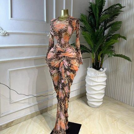 GLCMYAYA Women Tie Dye Printed Ruched Stacked Long Sleeve Bodycon Midi Maxi Dress 2026 Beach Sexy Vacation Long Dresses Vestidos
