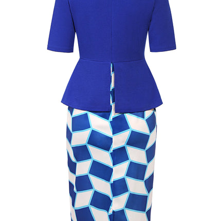 Womens Geometry Print Crew Neck Peplum Work Office Knee Length Colorblock Business Casual Party Pencil Bodycon Sheath Dress