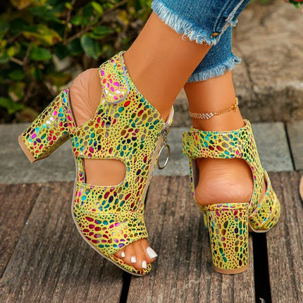 Summer Fashion Fishmouth High Heels Hollow Out Zipper Back Breathable Large Size Trendy Women's Sandals Roman Style PU Leather
