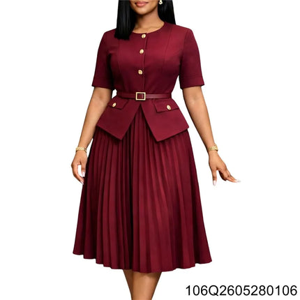 2026 New Women's African Summer New Round Neck Patchwork Pleated Fake Two-piece Solid Color Plus-size Dress 106Q26052801