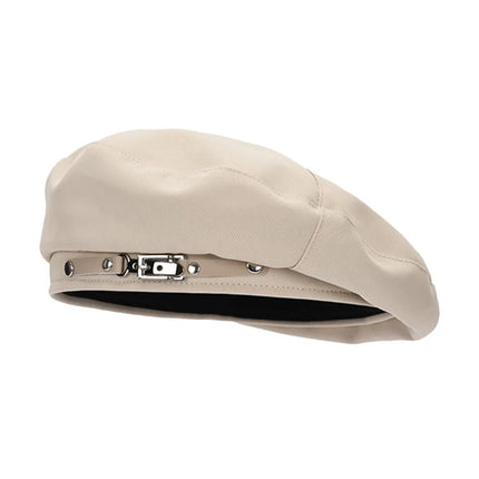 Retro Metal Buckle Retro Beret Cap Solid Color Warm Women Beret Face Little Beanie Cap Women Girls Wear