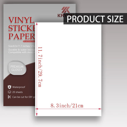 Glossy White Printable Vinyl Sticker Paper 10/20 Sheets for Inkjet Printers Water-Resistant Adhesive Label Paper 8.3x11.7 Inch