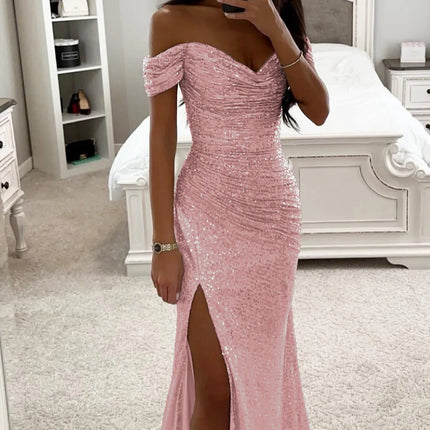 Women's Sexy Party Maxi Dress New Sequined One-line Collar Slit Dress Casual Fashion Prom Eveging Dresses for Women Robe Femme