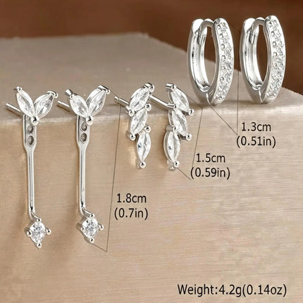 Luxury Huggie Stud Earrings Set, Marquise CZ Leaf Drop Dangle Stud Hoops Earrings, 3 Pair Jewelry