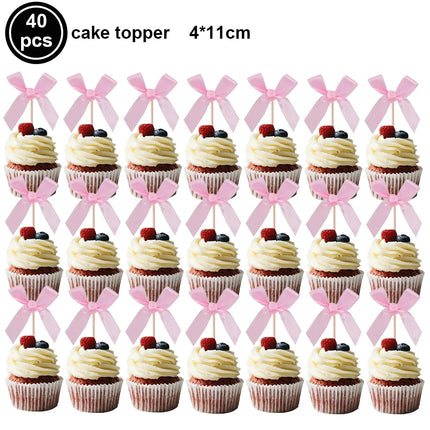 Pink Bow Cupcake Topper Pink Bow Birthday Decor Coquette Themed Party Decoration Bridal Shower Cake Topper Bow Party Decor