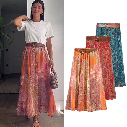 Summer New Skirts Women's 2026 New Fashion Retro Print High Waist Skirts Chic Summer Travel Joker Holiday Women's Skirts