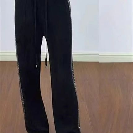 Autumn and Winter New Fashionable Double-Sided Rhinestone Striped Elastic Waist Black Long Casual Pants for Women