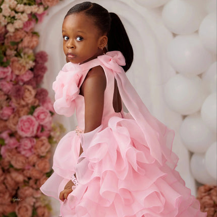 Baby Pink Girl's Birthday Dress Flower Girl Dresses Ruffled Tiered High Low Wedding Party Prom Dress Customized