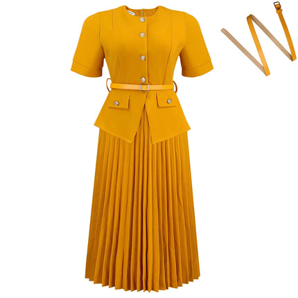 Women's Plus Size Spliced Pleated Dress Summer New Round Neck Solid Color Maxi Dress