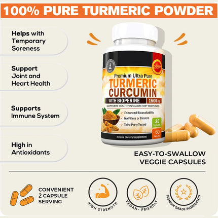 Turmeric Curcumin with Bioperine 1500mg - High Absorption Ultra Potent Turmeric Supplement Tumeric Capsules for Joint Support