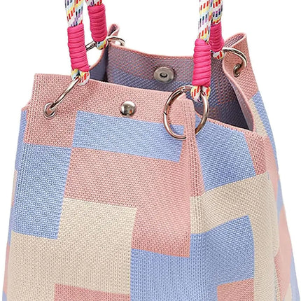 Mini Knitted Bucket Bag Women Small Handbag Geometric Colorblock Wristlet Purse With Detachable Handle