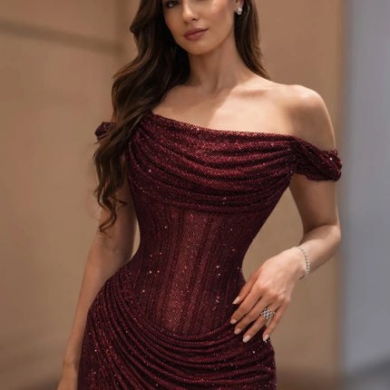 Mila Burgundy Off Shoulder Prom Dresses with Glitter Fabric Ruched Mermaid Silhouette Customized Formal Evening vestidos de gala