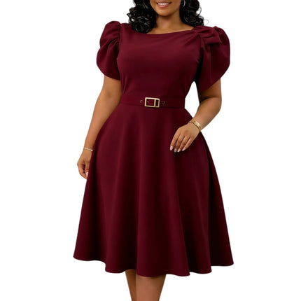 Elegant Party Dresses for Women New Style O Neck Puff Sleeve Belt Decorate High Waisted Pleated Mid Calf Luxury Birthday Dress
