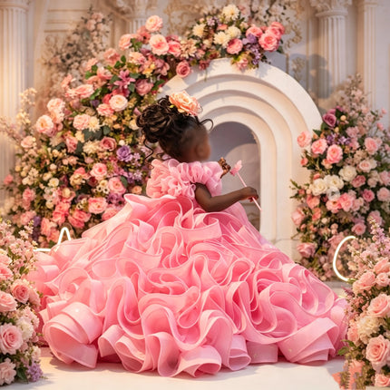 Customized Pink Ruffled Flower Girl Dress Puffy Organza Ball Gown Toddler Pageant Dress Kids Birthday Party Princess Dress