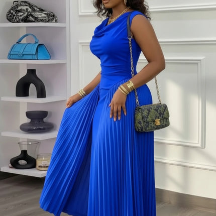 Women Sleeveless Cowl Neck Pleated Maxi Dress For Formal Evening Wedding Guest Prom And Banquet Occasion