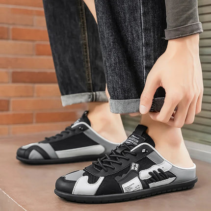 Mesh Breathable Half-Slip Men's Shoes, Slip-On Casual Shoes Without Heel, Summer Thin Breathable Closed-Toe Slippers, Versatile Outdoor Sandals