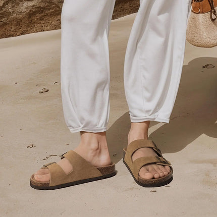 Evshine New Women's Cork Footbed Sandals Double Adjustable Buckle Slide Sandals Slip On Walking Summer Shoes Cork Clogs Slippers